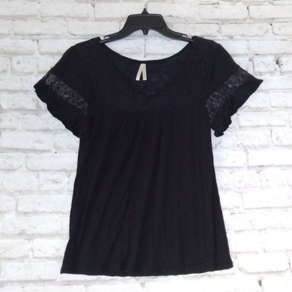 Color Story Top Womens Juniors Medium Black Lace V Neck Sheer Thin